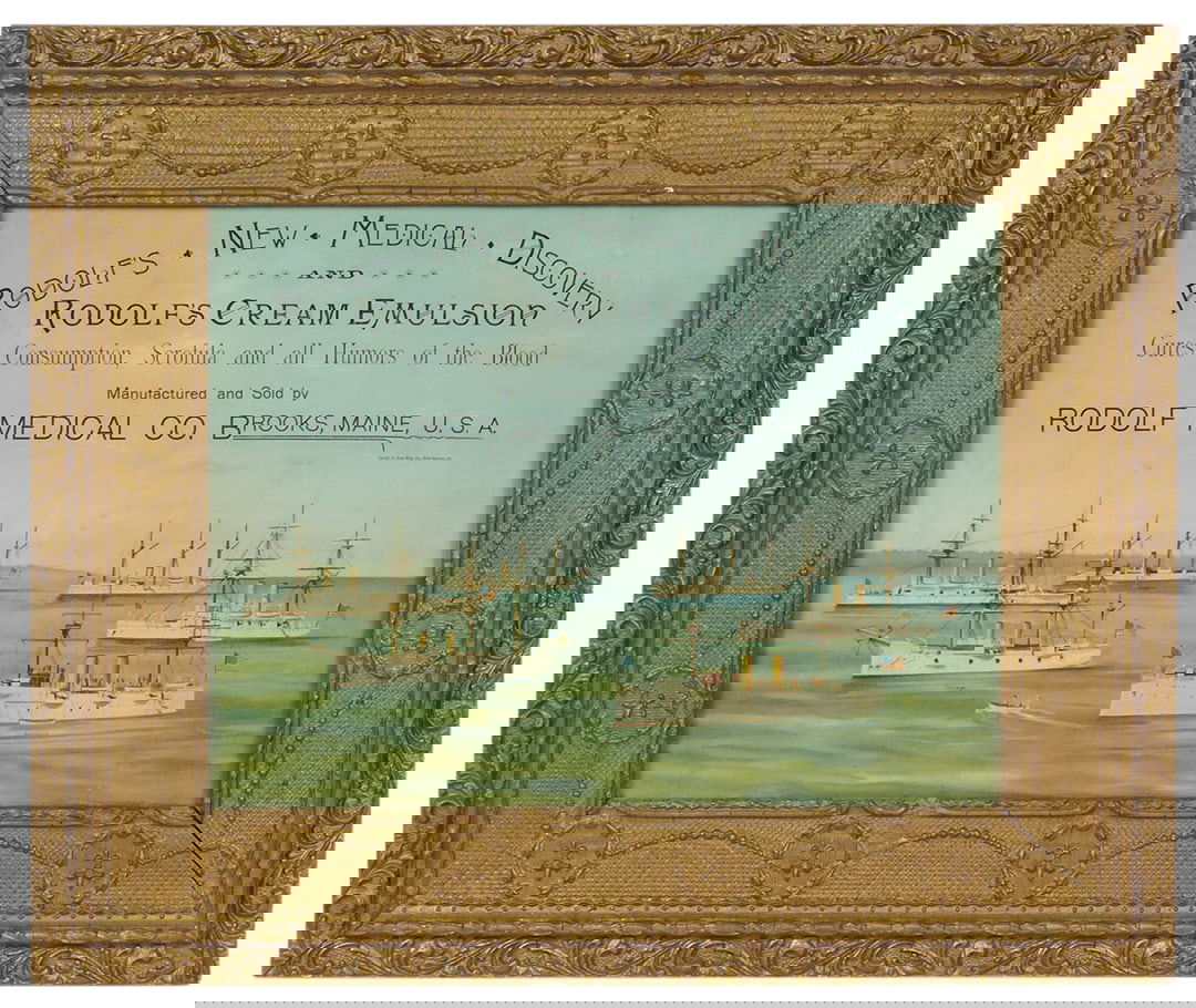 Drug Store  Rodolf's Cream Emulsion w/scene of Am. Battleships, c.1890, litho on cdbd in later gilt (1 of 1)
