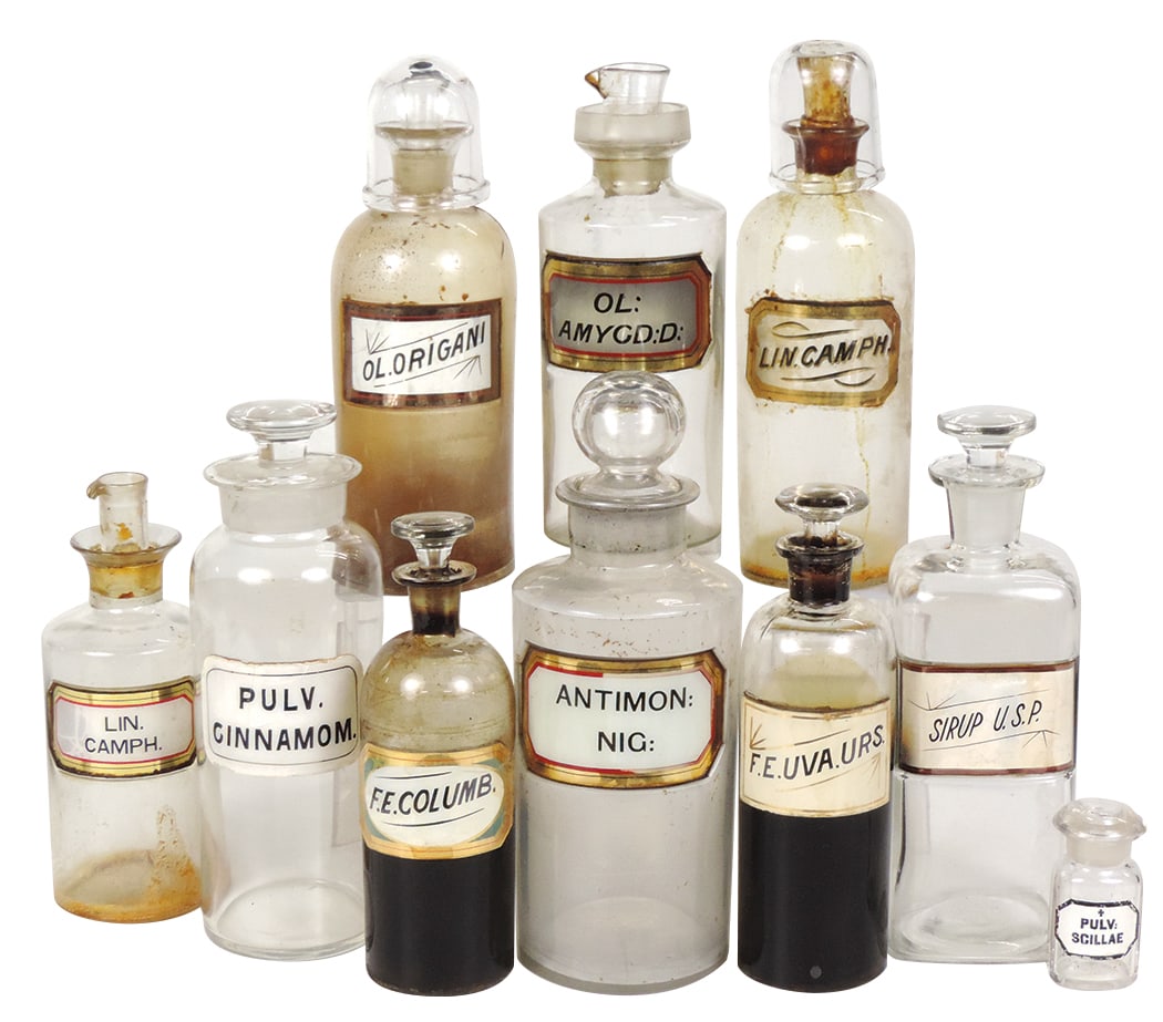 Apothecary Bottles & Jars (10), all w/LUG, 4 w/molded spouts, several w/orig contents, Good+ to VG+ (1 of 1)