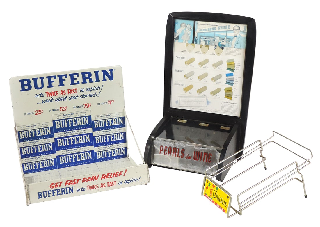 Drugstore Counter Displays (3), Art Deco wood Pearls in Wine lipstick stand, c.1950, litho on tin: Drugstore Counter Displays (3), Art Deco wood Pearls in Wine lipstick stand, c.1950, litho on tin Bufferin & wire Chiclets stand, Good+ to VG+ cond, largest 15"H.