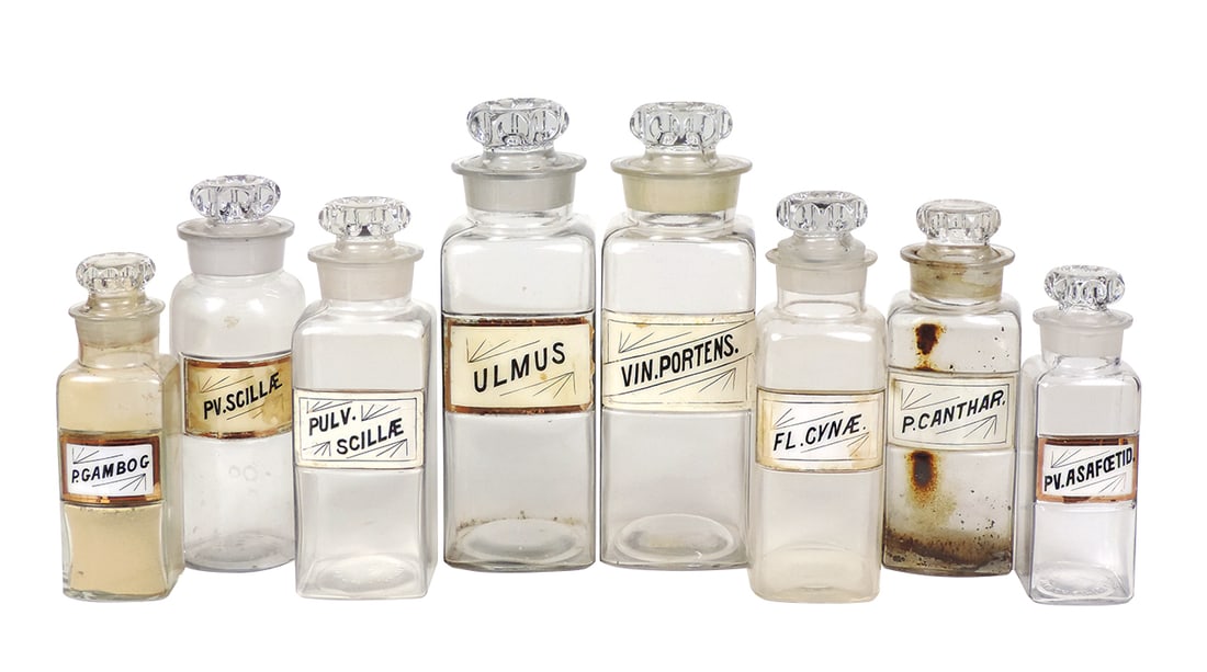 Apothecary Jars (8), round & square blown glass w/LUG, 1 w/contents, most VG cond or better, largest: Apothecary Jars (8), round & square blown glass w/LUG, 1 w/contents, most VG cond or better, largest 12.5"H.