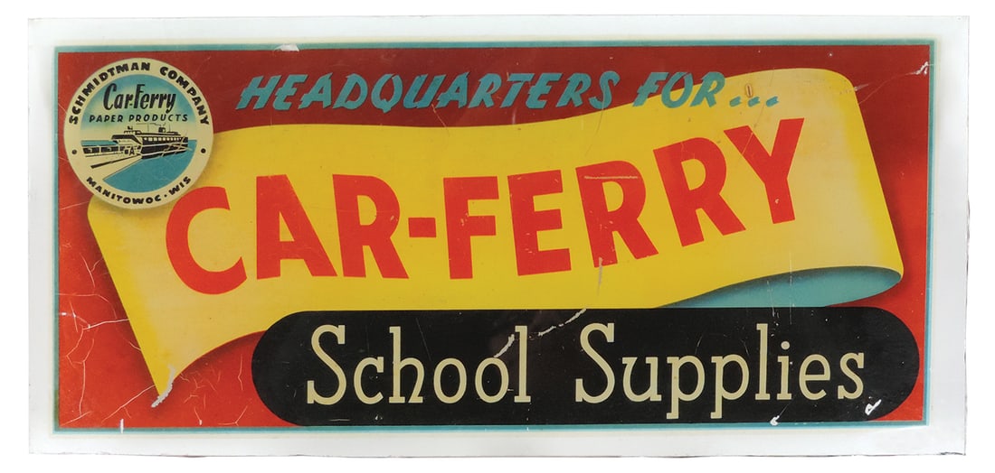 Drugstore School Supply Sign, reverse decal on glass for Car-Ferry paper, VG cond, 8"H x 16"W. (1 of 1)