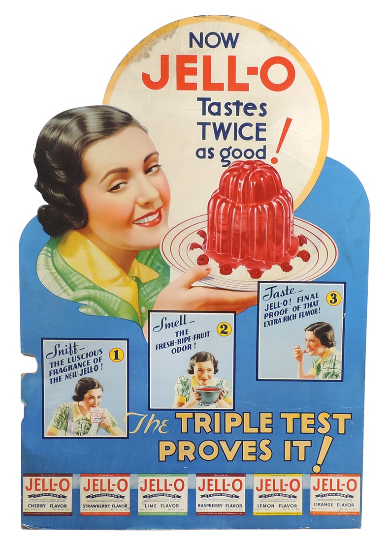 Country Store Jell-O diecut cdbd sign w/easelback, c.1940's, colorful "Mom" graphics, some moisture (1 of 1)
