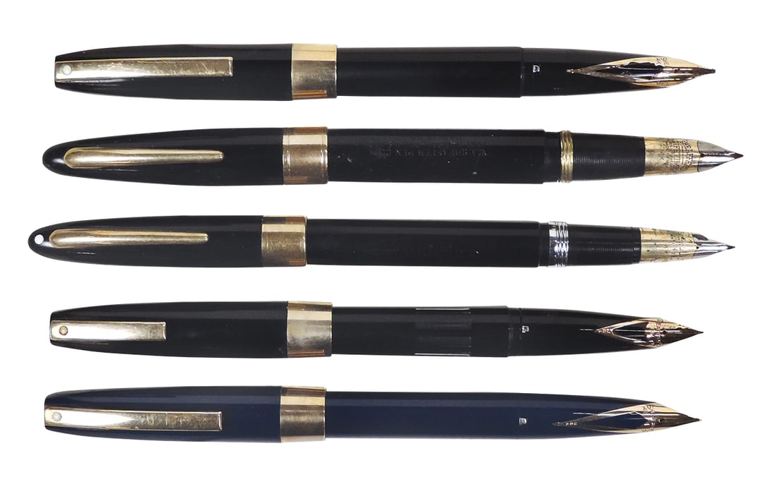 Fountain Pens (5), all Sheaffer White Dot, incl compact cartridge, PFM, lever fill & vac-fill, VG: Fountain Pens (5), all Sheaffer White Dot, incl compact cartridge, PFM, lever fill & vac-fill, VG or better untested cond, 5.5"L.