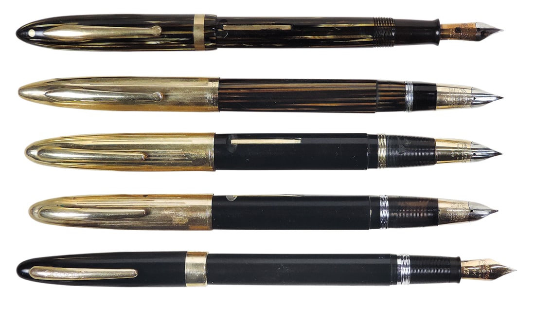 Fountain Pens (5), all Sheaffer, 4 non White Dot, incl striated vac-fill w/gold cap, 2 blk lever (1 of 2)