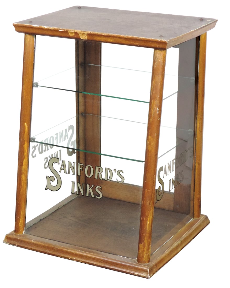 Fountain Pen Sanford's Ink Countertop Display Case, slant-front oak, glass w/orig lettering on 3 (1 of 1)