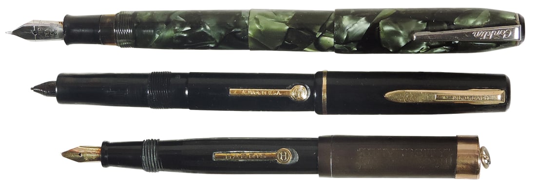 Fountain Pens (3), Vintage Conklin, green/black marble w/Do-Write Nib, Inkograph, black w/GF trim & (1 of 2)