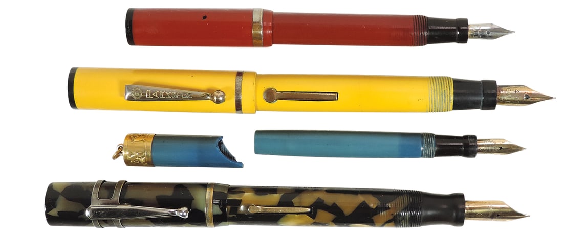 Fountain Pens (4), Mabie Todd Swan Flat Top, c.1920's, Tortoise w/GF trim & Swan #6 w/14K nib, clip (1 of 2)
