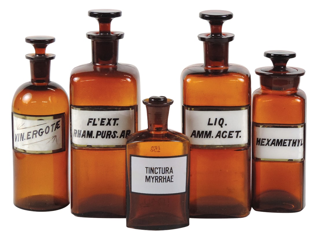 Apothecary Bottles (5), brown glass, 4 w/LUG, 1 enameled, most VG+ noting 1 w/chips, largest 10"H. (1 of 1)