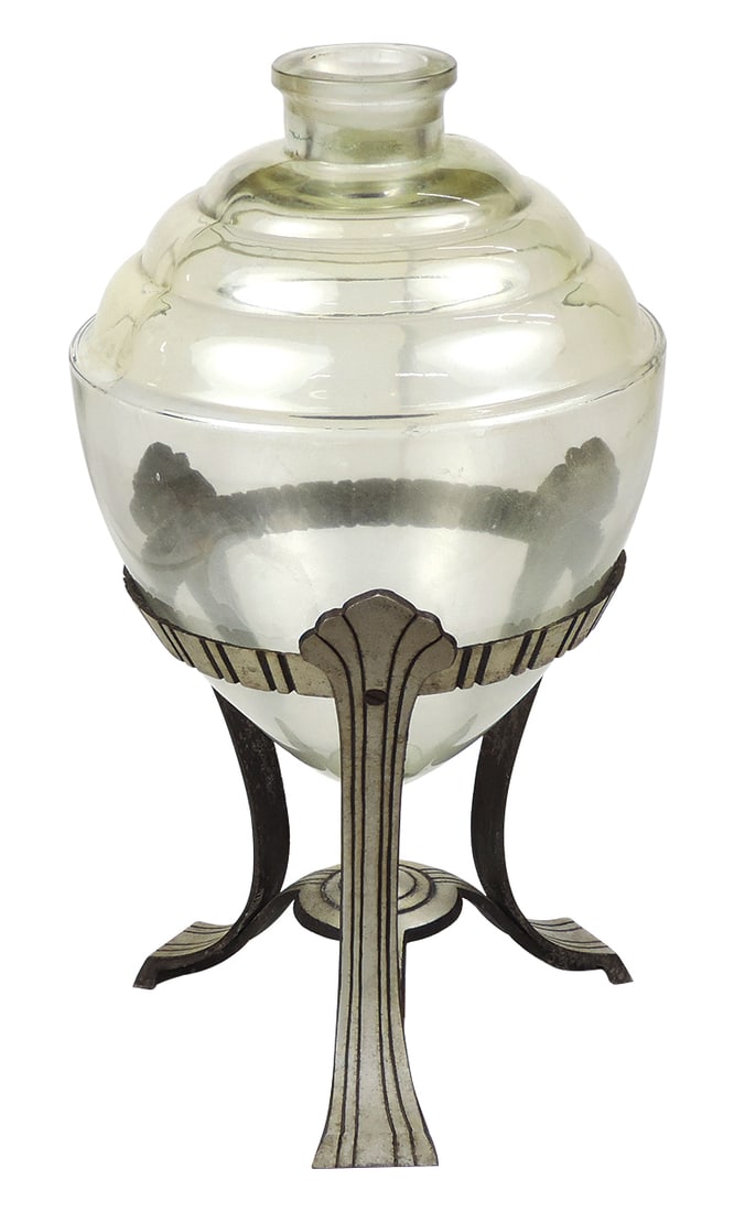 Apothecary Show Globe, blown glass teardrop w/stepped shoulder in Art Deco aluminum stand, VG cond (1 of 1)