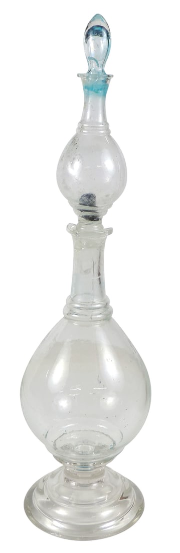 Apothecary Show Jar, 4-part blown glass, pear shape w/socket mount on glass base & matching (1 of 2)