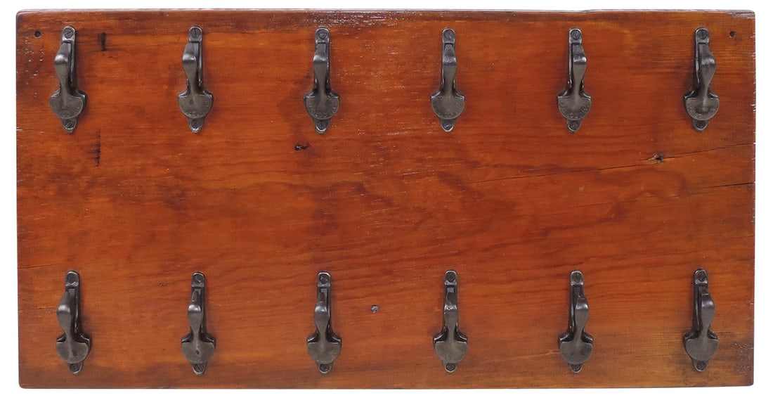 Country Store Bill Holder, 12 matching cast iron spring clips w/1877 pat dates on pine board, Exc (1 of 1)