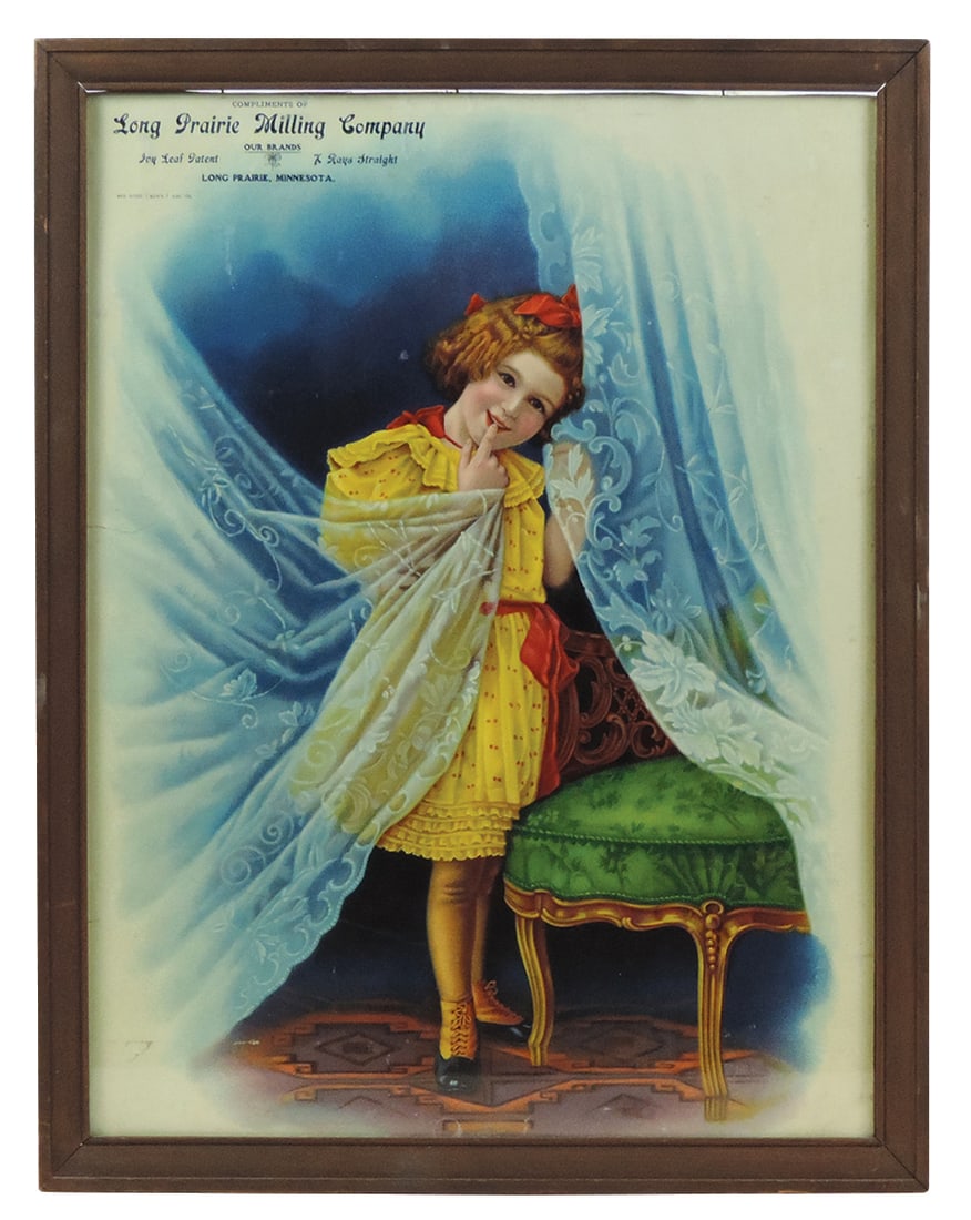 Country Store Calendar Print, Long Prairie Milling Co.-MN, colorful litho of young girl, c.1900, VG: Country Store Calendar Print, Long Prairie Milling Co.-MN, colorful litho of young girl, c.1900, VG cond w/no pad, 22"H x 17"W in later frame.
