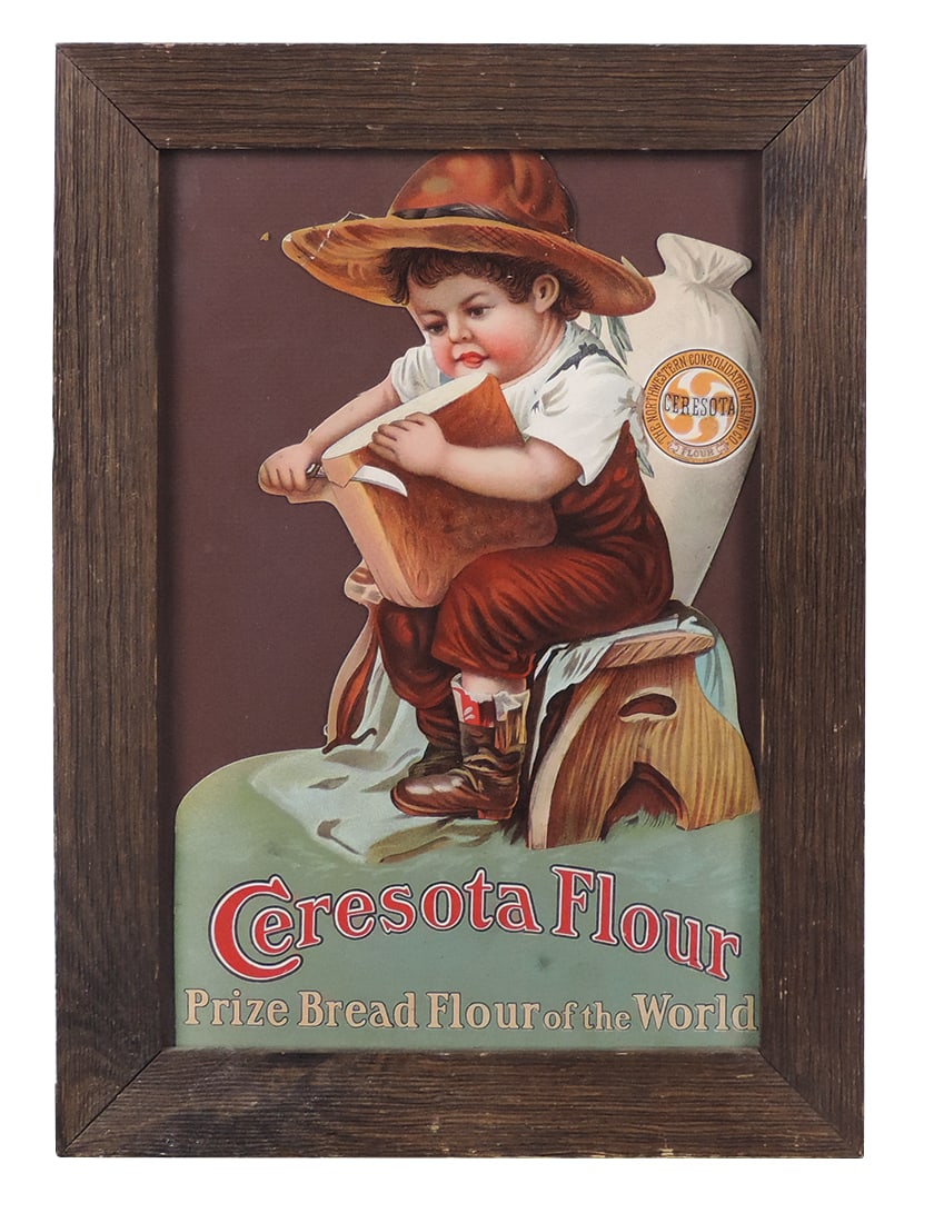 Country Store Ceresota Flour Sign, litho on cdbd diecut of toddler cutting bread, VG cond in frame, (1 of 1)