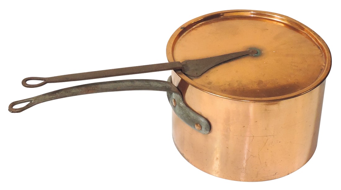 Primitive Cookware, French copper sauce pan, 19th C. w/wrought iron handle & matching cover, VG+ (1 of 2)