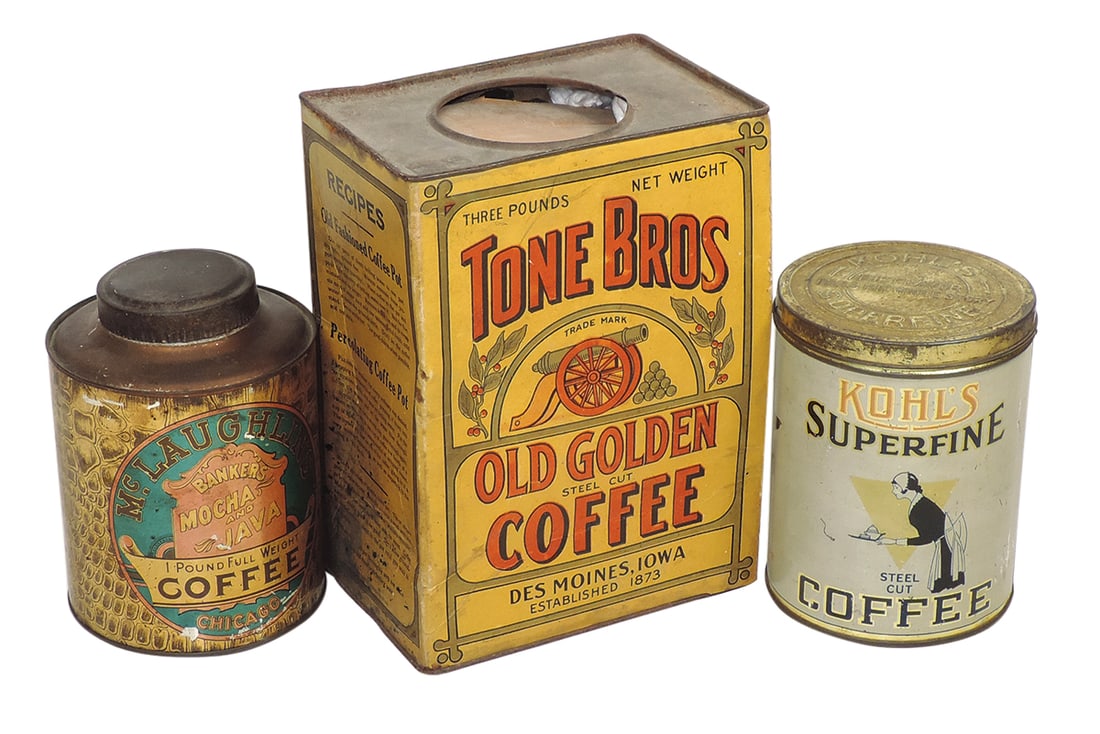 Coffee Tins (3), Kohl's Superfine Steel Cut-Quincy, IL, McLaughlin's-Chicago & 4# Tone Bros Old (1 of 2)