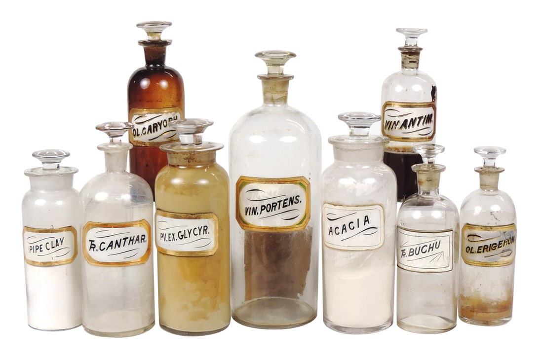 Apothecary Bottles & Jars (9), all round or square blown glass w/LUG, several w/orig contents, VG: Apothecary Bottles & Jars (9), all round or square blown glass w/LUG, several w/orig contents, VG cond or better, largest 13"H.