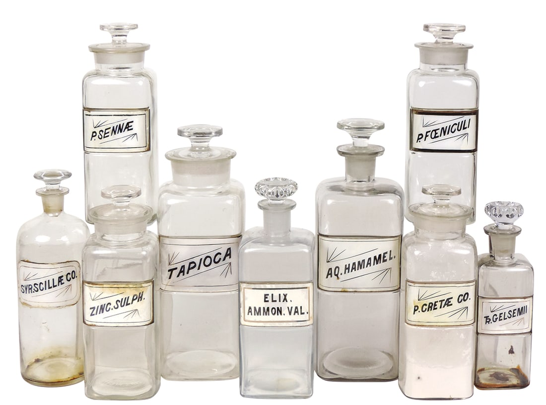 Apothecary Bottles & Jars (9), most square blown glass, all w/LUG, VG to Exc cond, largest 12"H.: Apothecary Bottles & Jars (9), most square blown glass, all w/LUG, VG to Exc cond, largest 12"H.
