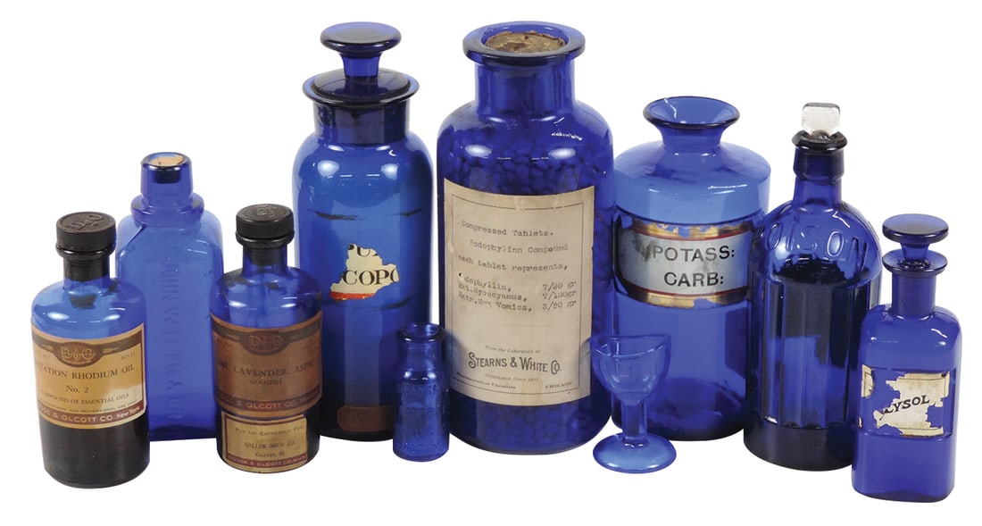 Apothecary Bottles (10), all cobalt blue, incl those w/corks & glass stoppers, some w/LUG, most: Apothecary Bottles (10), all cobalt blue, incl those w/corks & glass stoppers, some w/LUG, most Good+ to VG cond, largest 8.5"H.