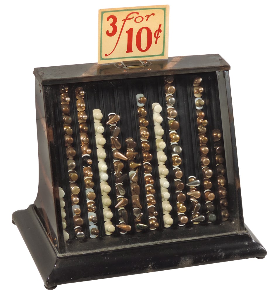 Clothing Store Collar Button Counter Display, slanted metal case w/copper flashing, metal holder w/3 (1 of 1)