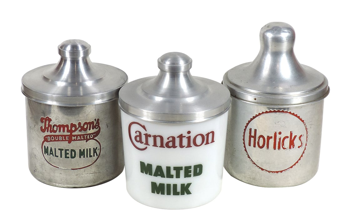 Soda Fountain Countertop Containers (3), Carnation Malted Milk, milk glass w/orig painted lettering (1 of 1)