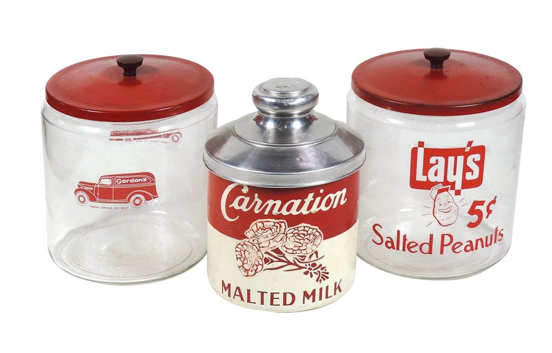 Soda Fountain Countertop Containers (3), Carnation Malted Milk, embossed aluminum w/carnations & (1 of 1)