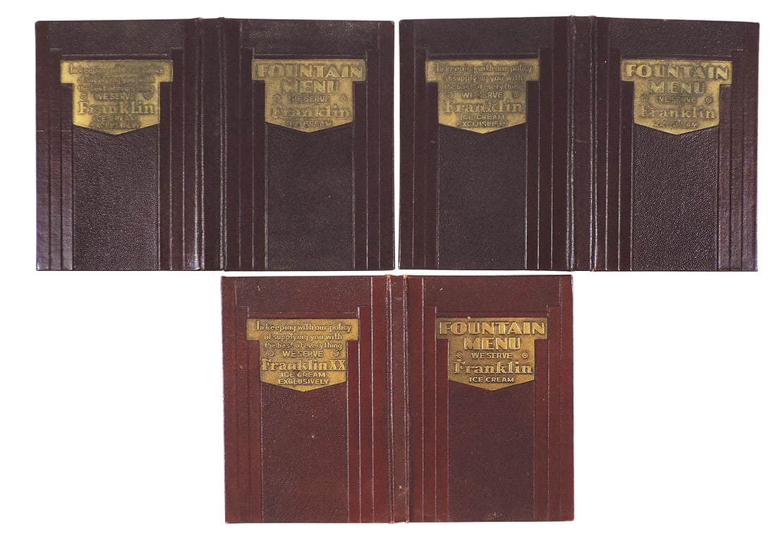 Soda Fountain Franklin Ice Cream Menu Folders (3), embossed leatherette w/advertising on front & (1 of 2)