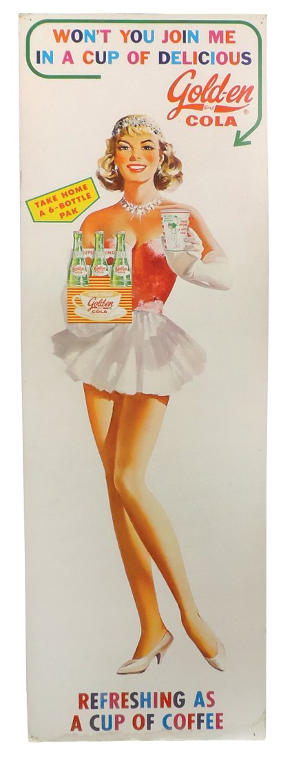 Soda Fountain Golden Girl Cola Sign, litho on cdbd of pretty girl w/product in 3/4 size for (1 of 1)