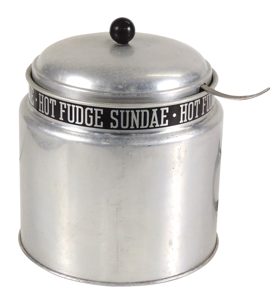 Soda Fountain Hot Fudge Dispenser, mfgd by Helmco, aluminum w/electric warmer & ladle, VG+ working (1 of 2)