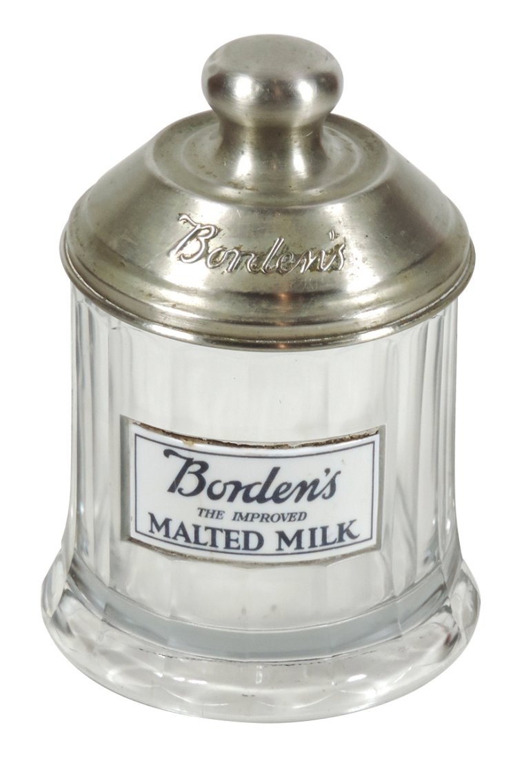 Soda Fountain Borden's Malted Milk Jar, heavy 16-sided glass jar w/curved milkglass label & orig (1 of 1)