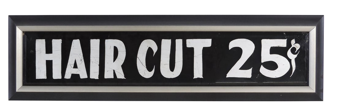 Barber Shop Sign, Hair Cut 25 Cents, painted beveled glass, VG cond in frame, 6.5"H x 24"W overall.: Barber Shop Sign, Hair Cut 25 Cents, painted beveled glass, VG cond in frame, 6.5"H x 24"W overall.