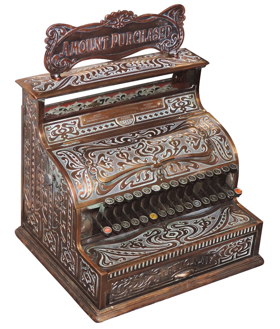 National Cash Register, Model 135, cast bronze w/natural finish in Art Nouveau pattern, monetary (1 of 2)
