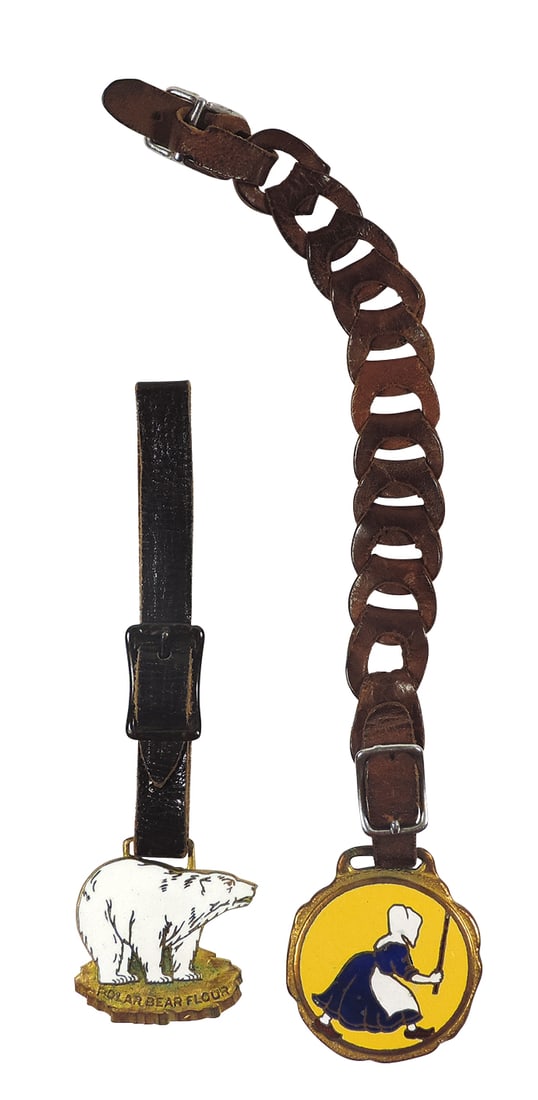 Advertising Watch Fobs (2), Polar Bear Flour & Old Dutch Cleanser, both porcelain w/leather straps, (1 of 2)