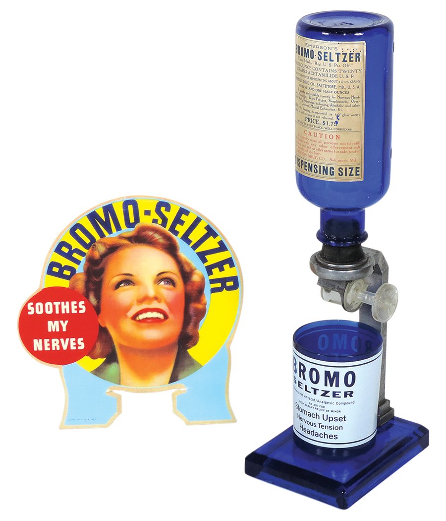 Drug Store Bromo-Seltzer Dispenser, cobalt blue glass base w/correct dispensing bottle, Bromo glass (1 of 1)