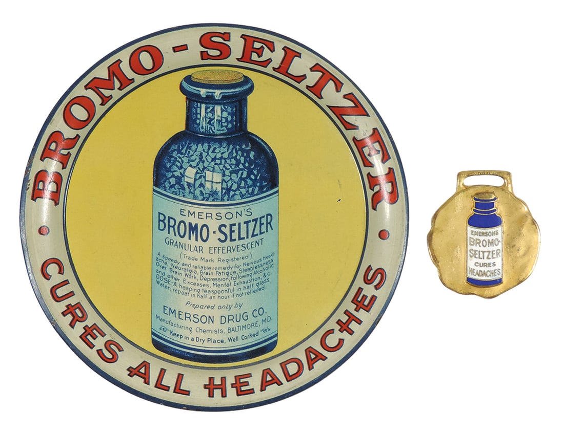 Advertising Watch Fob & Tip Tray, Bromo-Seltzer Cures All Headaches, brass & porcelain watch fob & (1 of 1)