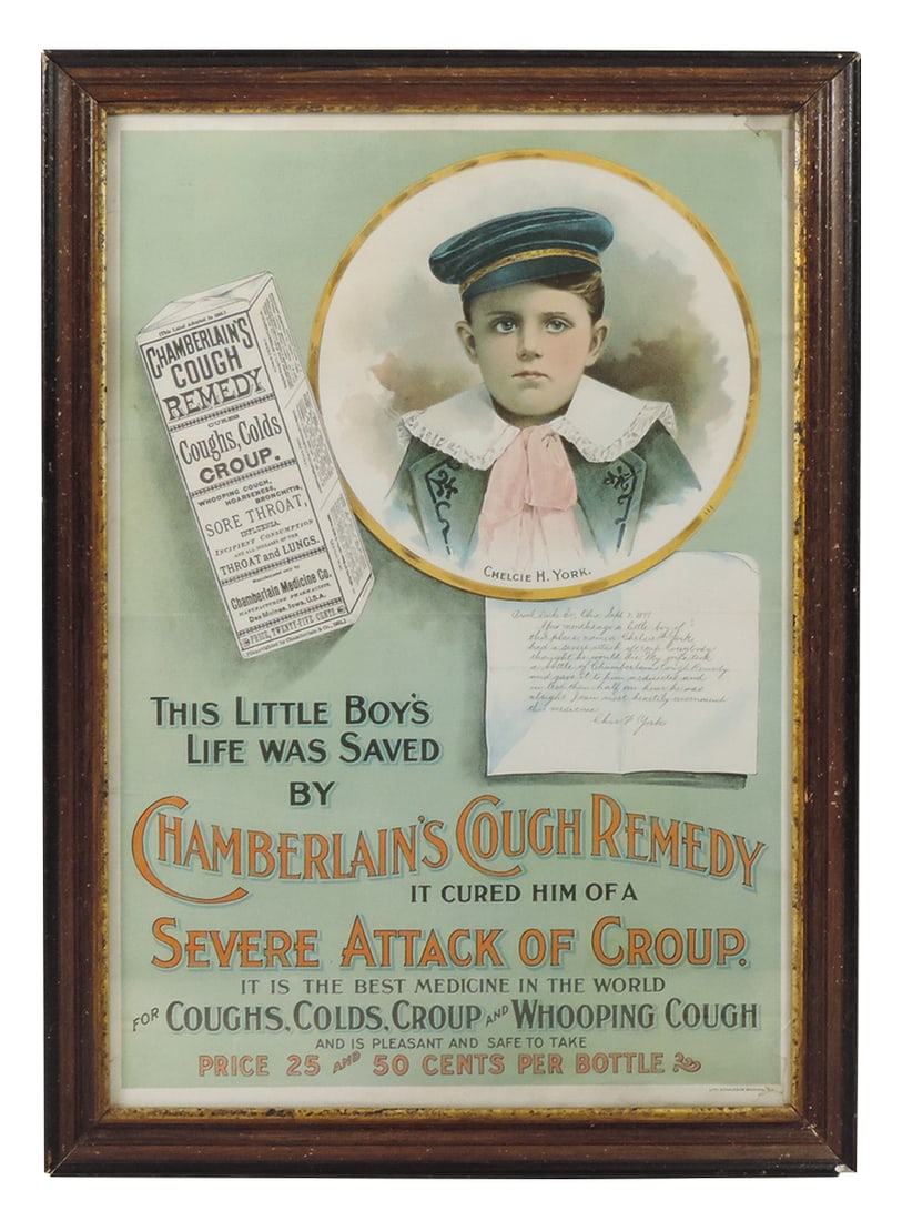 Drug Store Chamberlain's Cough Remedy Sign, framed Donaldson Bros. litho on paper showing Chelcie H. (1 of 1)