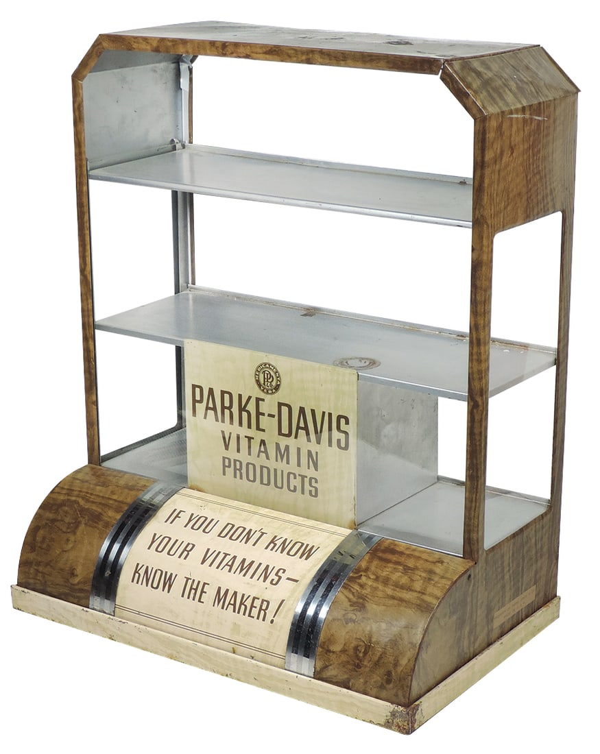 Parke-Davis Vitamin Products Counter Display Case, 1920's Deco style in formed wood-grained metal, 3 (1 of 1)