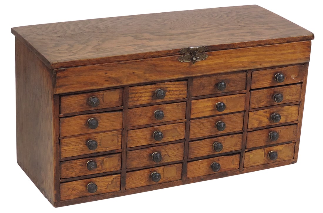 Watch Maker's Cabinet, oak w/hinged top, glass part vials & 20 drawers, VG cond, 8.5"H x 16"W x 7"D. (1 of 3)