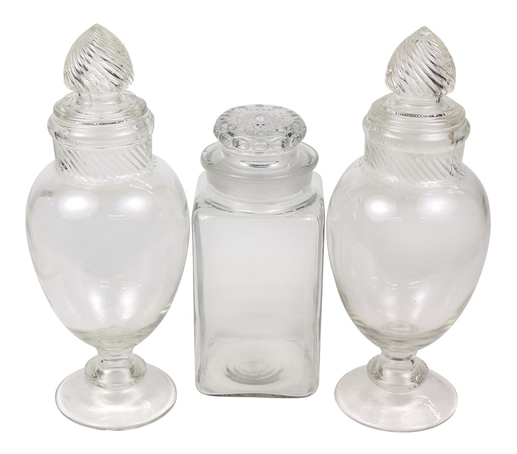Candy Store Glass Show Jars (3), two Columbia urns w/swirl lids & square base w/rosette or sunflower (1 of 1)