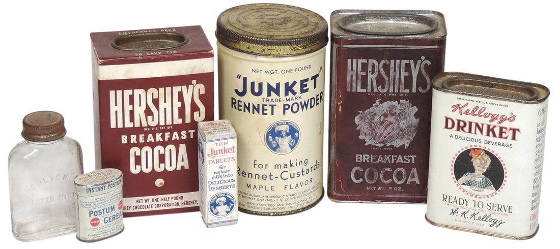 Country Store Tins & Bottle (7), Postum Cereal sample tin, Kellogg's Drinket tin, Horlick's Malted (1 of 1)