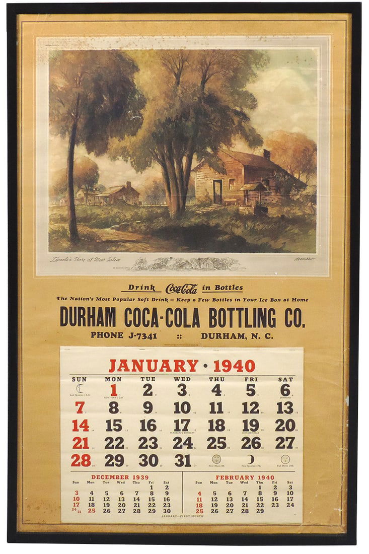 Coca-Cola Bottling Works Calendar, 1940, large litho on paper w/scene of Lincoln's Store-New Salem, (1 of 1)