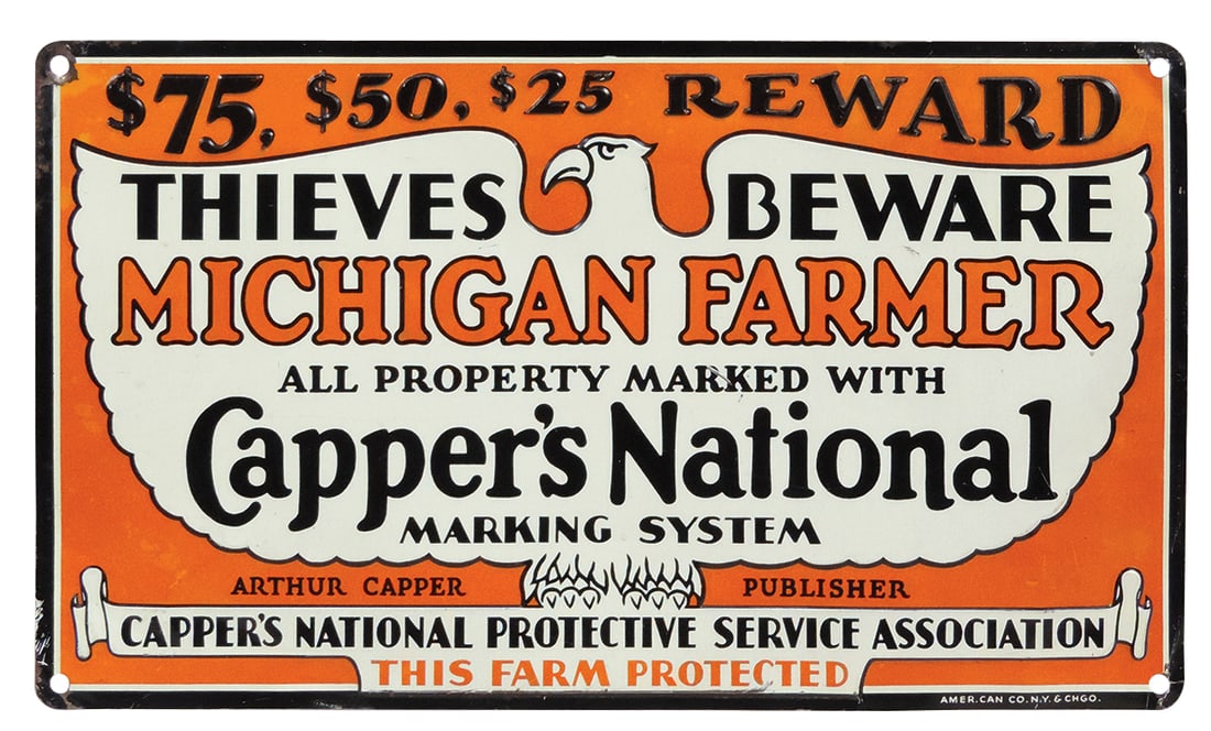 Farming Warning Sign, Capper's National Marking System by Amer. Can Co., embossed litho on tin, VG+ (1 of 1)
