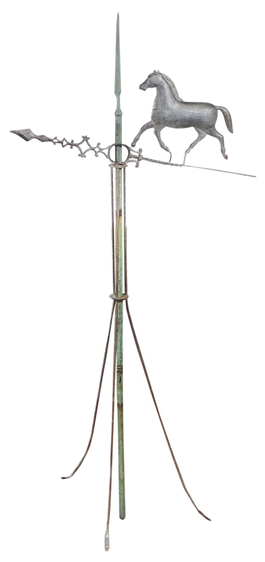 Weathervane, zinc full-bodied running horse on 3-leg stand w/copper rod, c.1910, Exc cond, 38"H. (1 of 1)