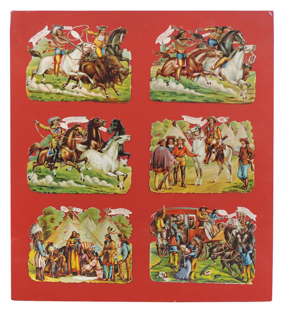 Western Buffalo Bill German Diecuts (6), c.1890, great colorful images in Mint cond, shrunk-wrapped: Western Buffalo Bill German Diecuts (6), c.1890, great colorful images in Mint cond, shrunk-wrapped on foam core & ready to frame, 16.5"H x 15"W.