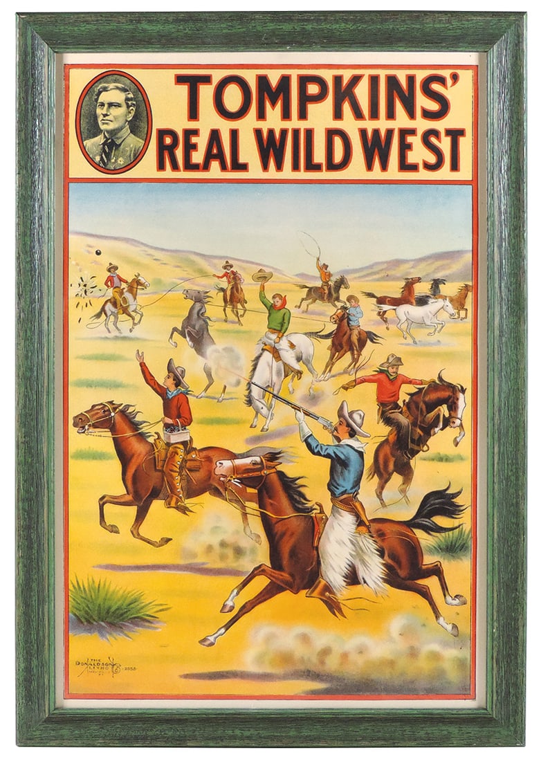 Western Poster, Tompkins' Real Wild West, by the Donaldson Litho Co. #2958-Newport, KY,: Western Poster, Tompkins' Real Wild West, by the Donaldson Litho Co. #2958-Newport, KY, very colorful litho on paper w/cowboys on horses, prof framed in attractive wood frame, Exc cond, 33"H x 22"W.