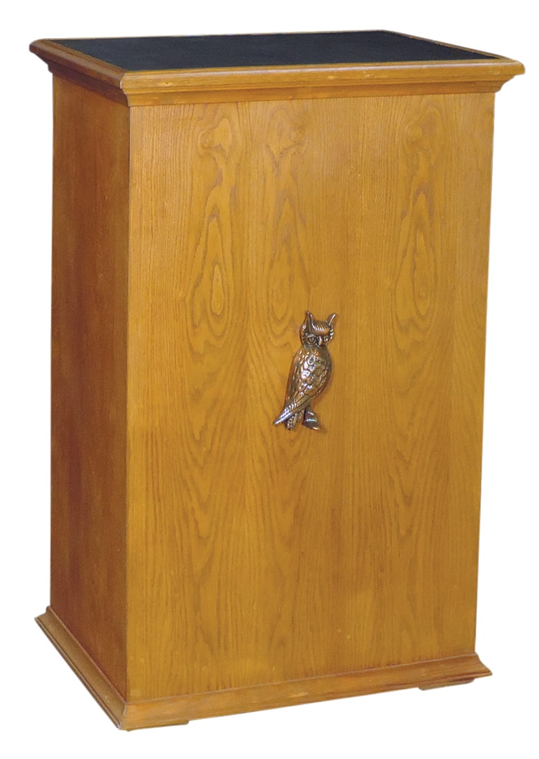 Slot Machine Stand, oak plywood w/bronzed metal "Mills" owl on front panel & blind door on verso (1 of 1)