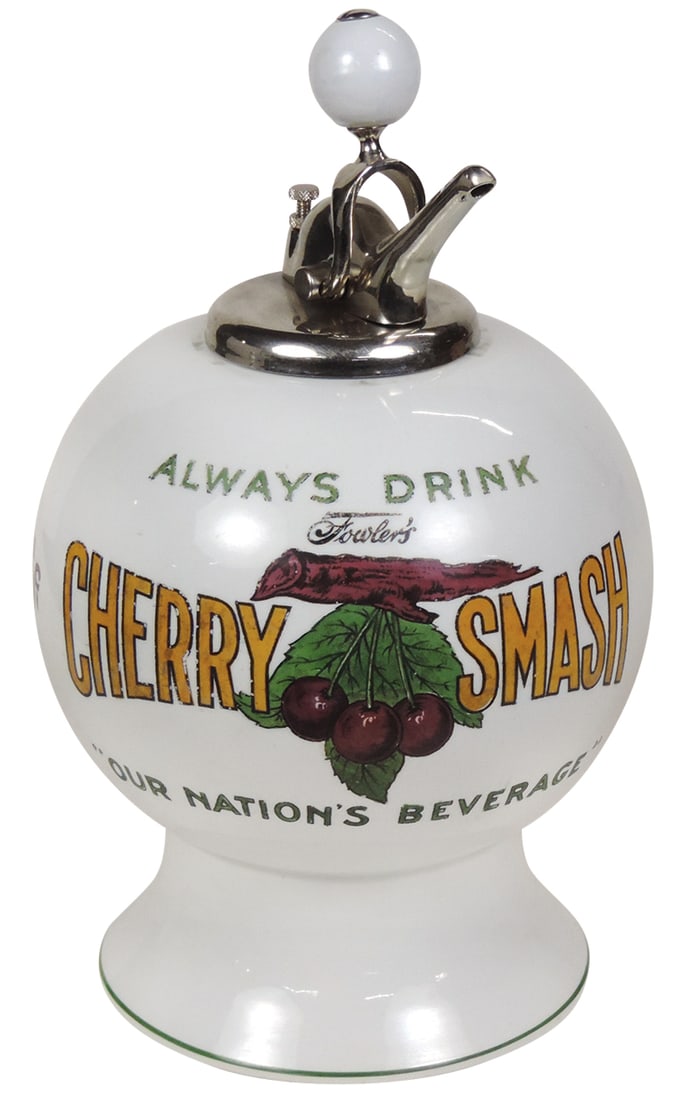 Soda Fountain Cherry Smash Syrup Dispenser, porcelain w/transfer design for John F. Fowler, new (1 of 2)