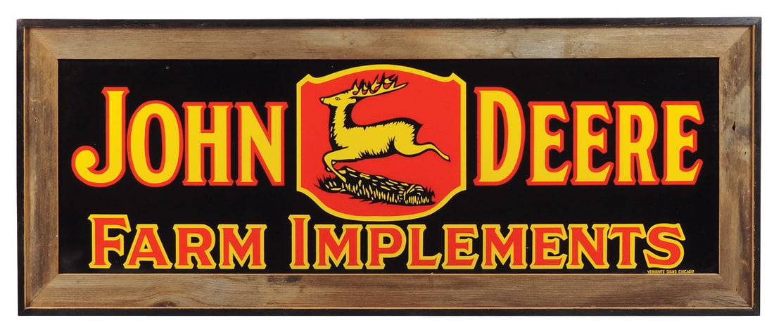 John Deere Farm Implements Sign w/2-legged leaping deer, very colorful tin, c.1970's by Veribrite (1 of 1)