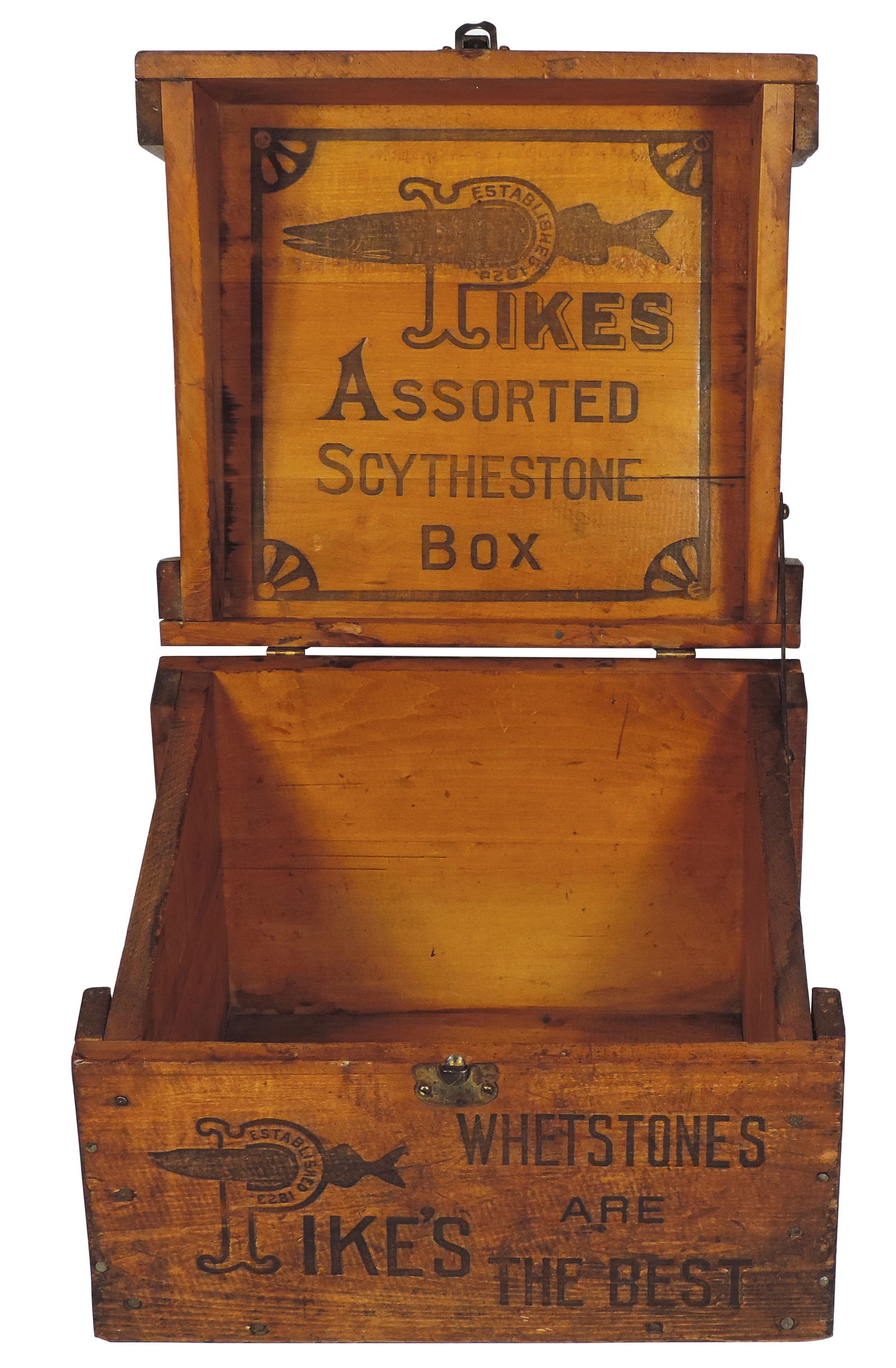 Hardware Store Pikes Whetstones Box, early pine box w/slanted hinged cover w/ "Pikes Assorted (1 of 2)