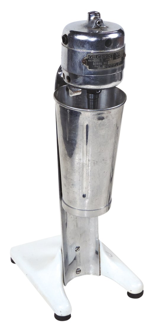 Soda Fountain Malted Milk Machine, Gilchrist No. 22 w/white enameled iron base, VG+ working cond (1 of 2)