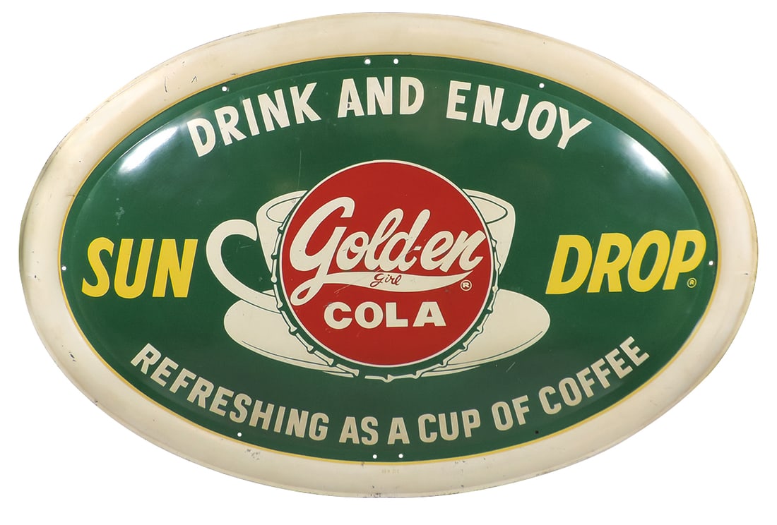 Soda Fountain Sun Drop Gold-en Cola Sign, large self-framed metal oval w/convex center, marked (1 of 1)